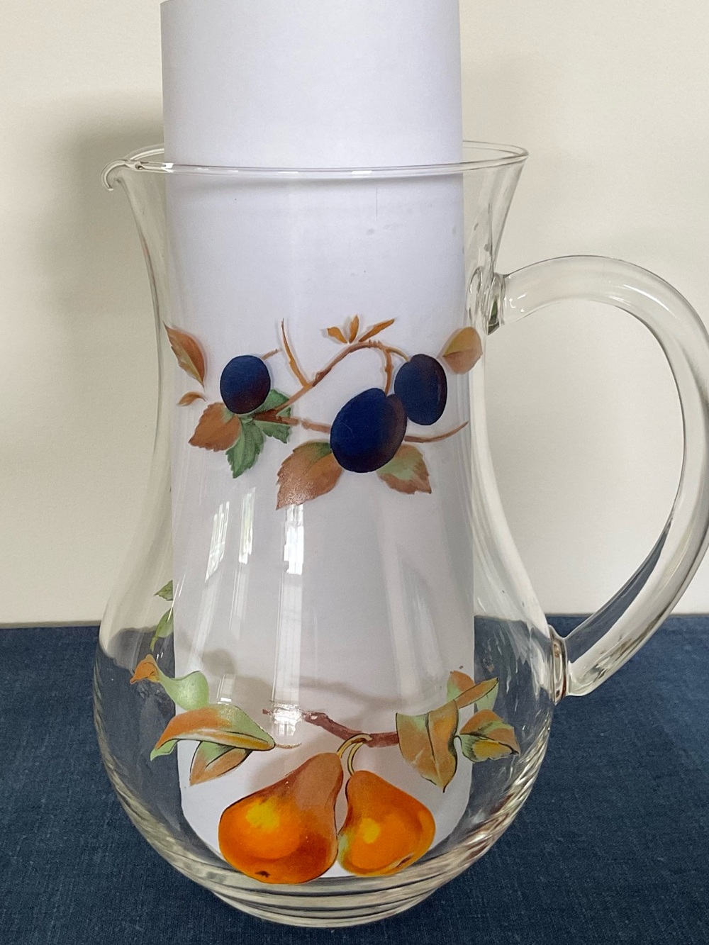 Hand-Painted Fruit Decor Glass Juice Pitcher, 8” Tall